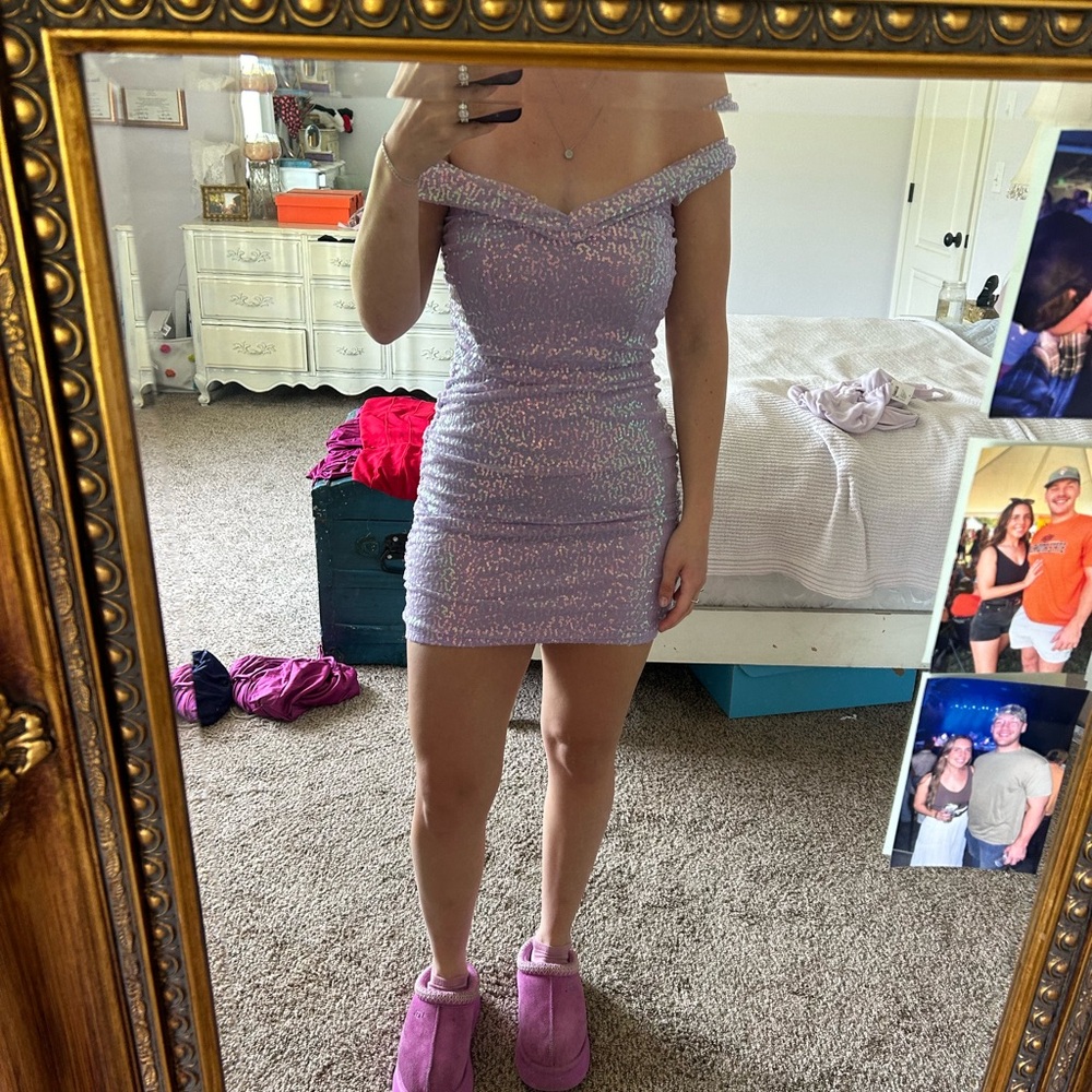 Lucy in the Sky Lilac Off-Shoulder Sequin Mini Dress